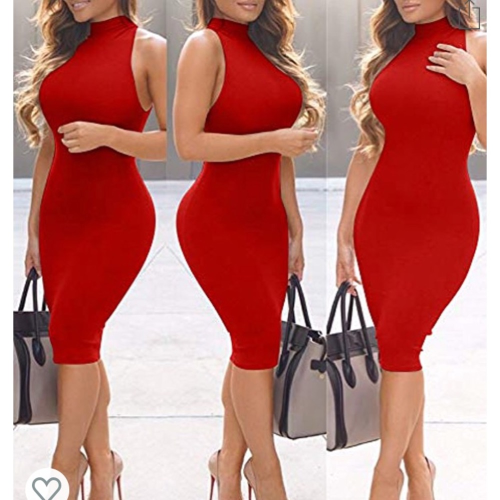 Red turtleneck sleeveless pencil dress S New